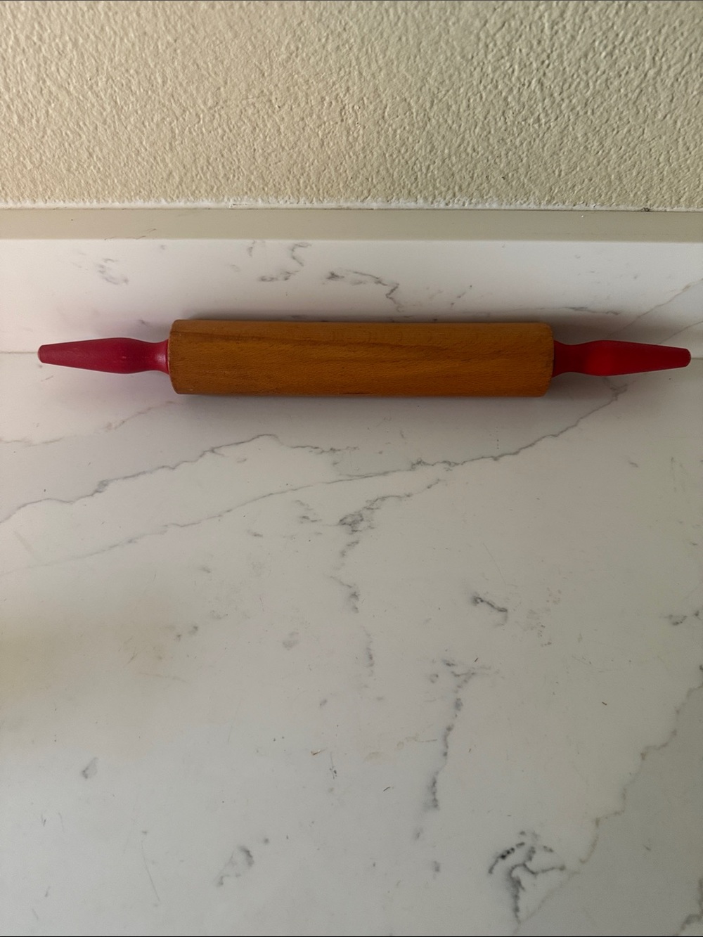 Vintage Wooden Rolling Pin with Red Handles
